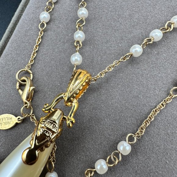 Vintage Nolan Miller Glamour Collection Gold Tone Faux Pearl Teardrop Necklace - Picture 8 of 15